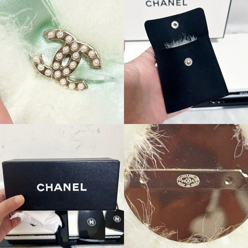 Authentic Chanel ULTRA RARE 04’ Runway Angora, Mint Bow & Pearl CC Brooch / Pin